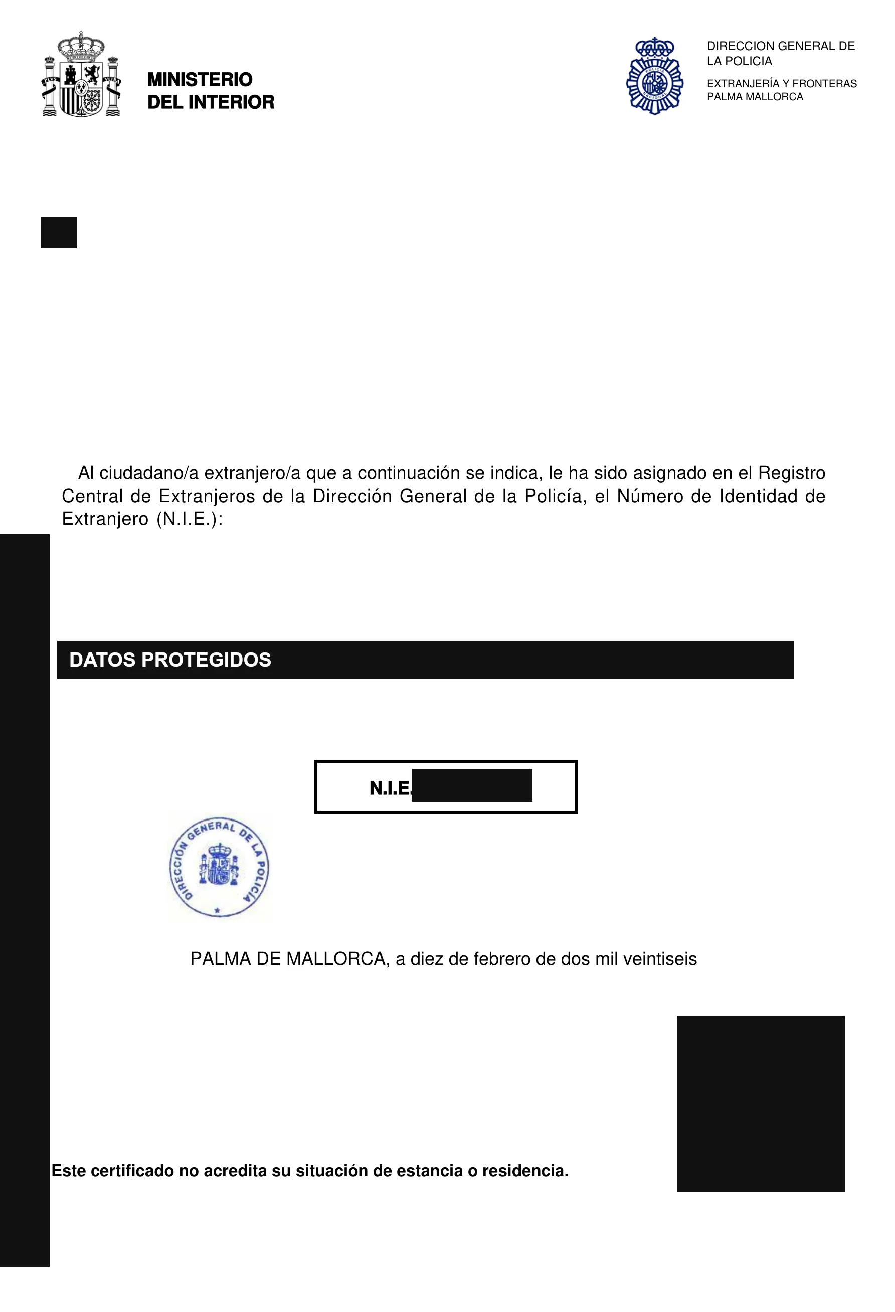 Ejemplo real de documento de asignación de NIE (NIE blanco) emitido por la Administración española, con los datos personales ocultados